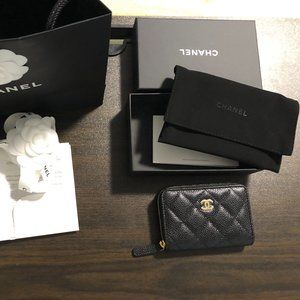 Chanel zipped coin purse black caviar with gold hdw